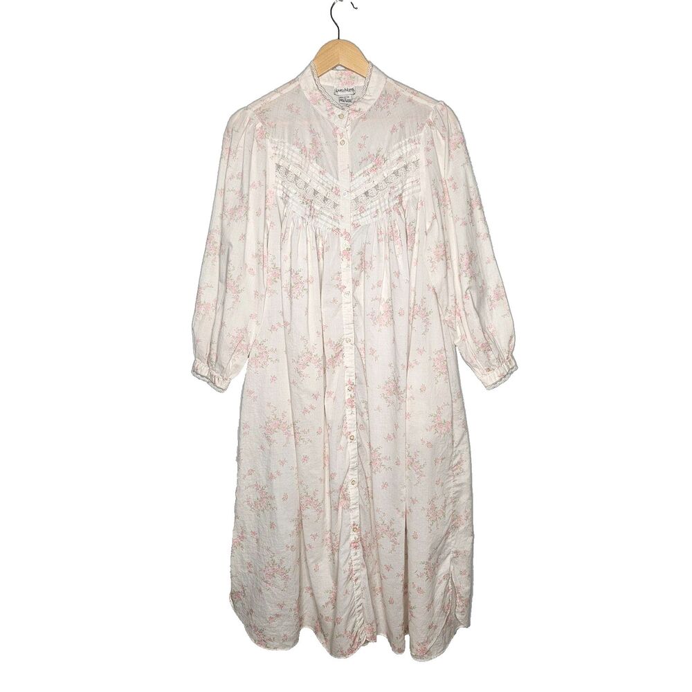 Vtg LAURA ADAMS Maxi Nightgown Sz P (XS/S) Cotton Floral Long Sleeve Cottagecore